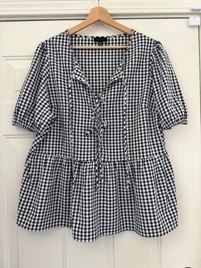 Black & White Gingham Tie-Front Peplum Blouse